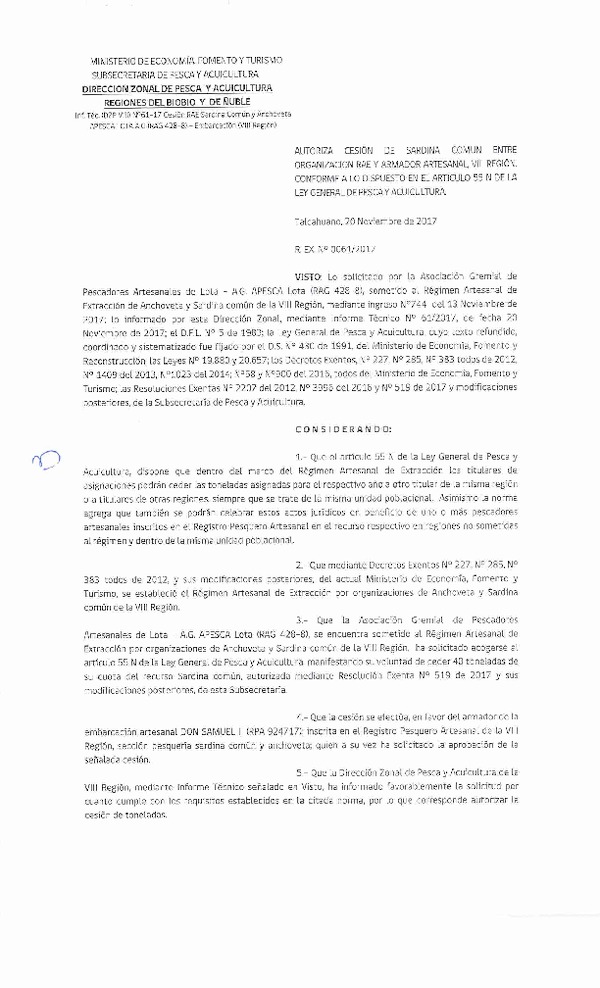 Res. Ex. N° 61-2017 (DZP VIII) Autoriza Cesión Anchoveta y Sardina común, VIII Región.