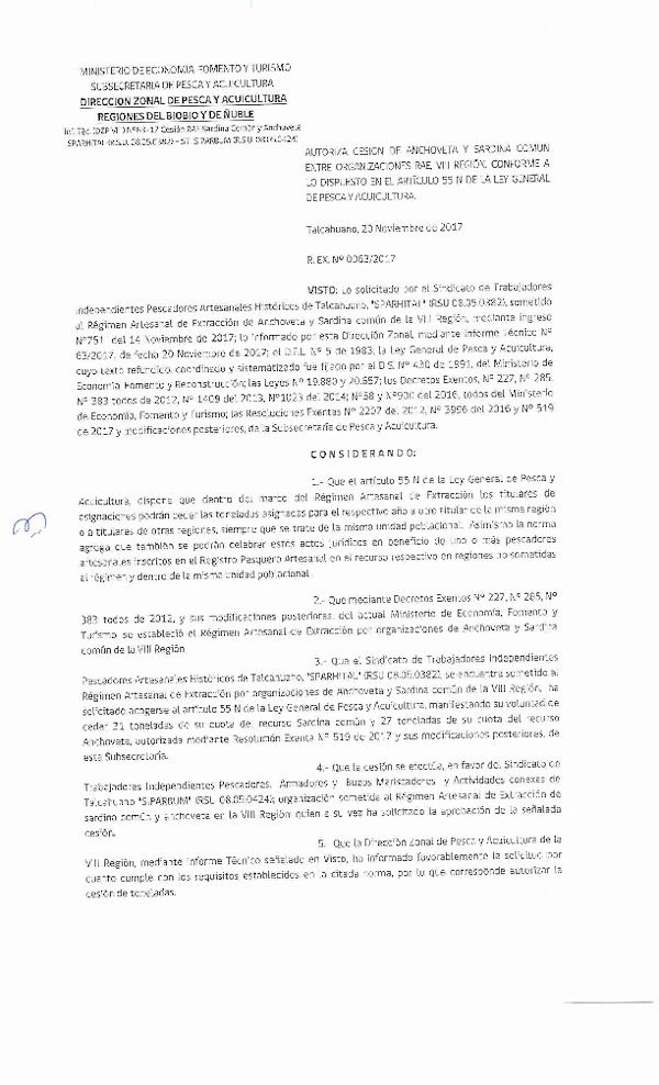 Res. Ex. N° 63-2017 (DZP VIII) Autoriza Cesión Anchoveta y Sardina común, VIII Región.