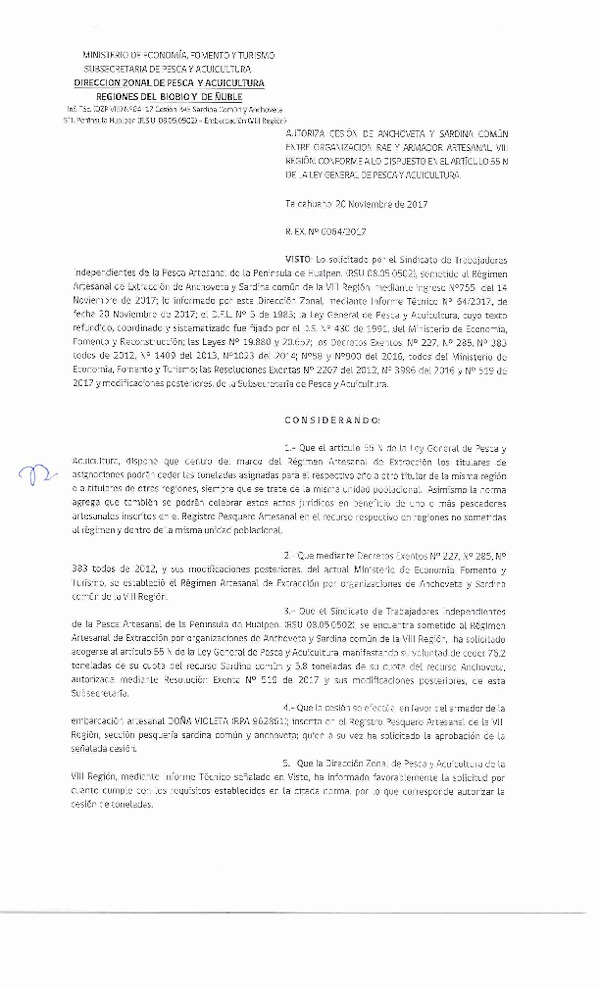 Res. Ex. N° 64-2017 (DZP VIII) Autoriza Cesión Anchoveta y Sardina común, VIII Región.