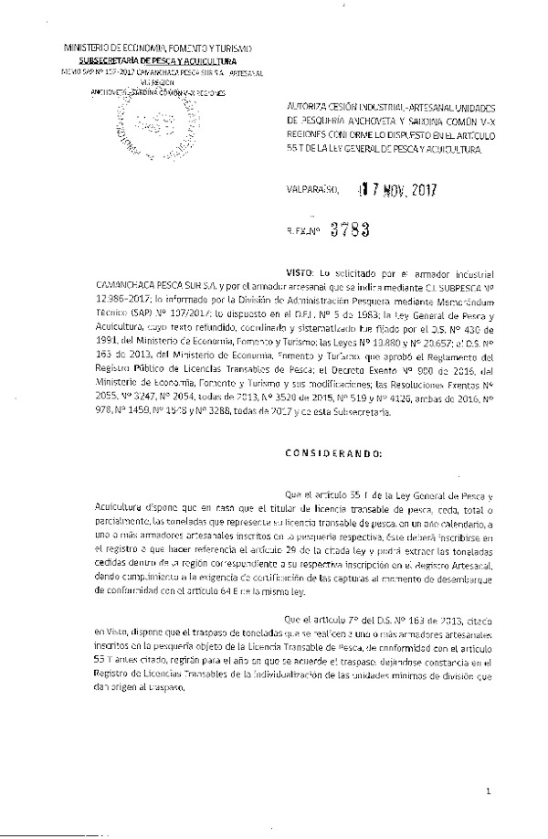 Res. Ex. N° 3783-2017 Autoriza cesión Anchoveta y Sardina Común VIII Región.