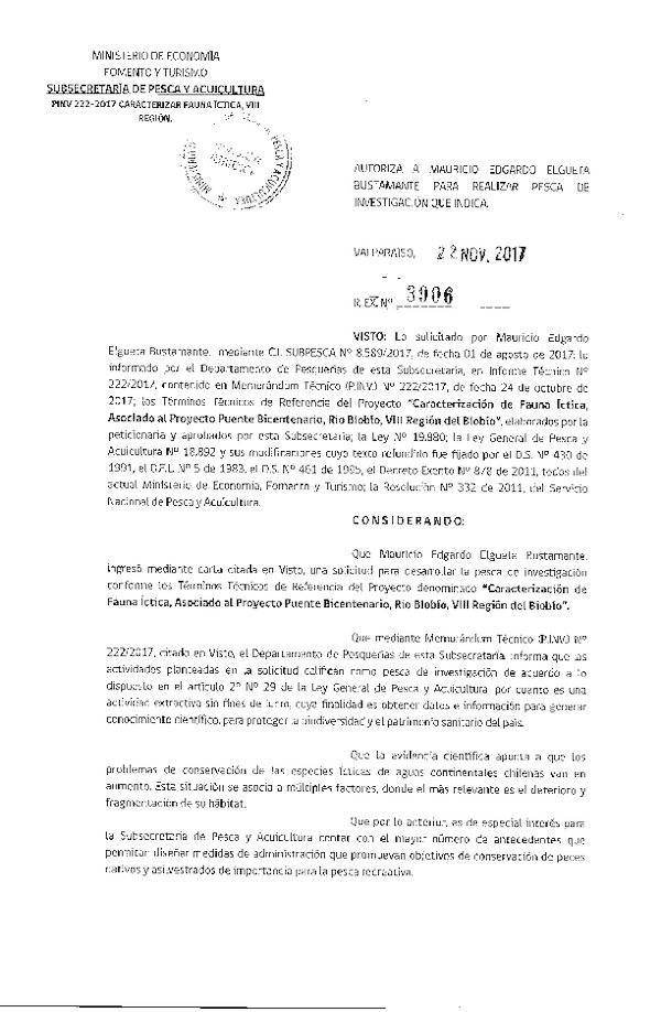 Res. Ex. N° 3906-2017 Caracterización de fauna íctica, VIII Región del Biobío.
