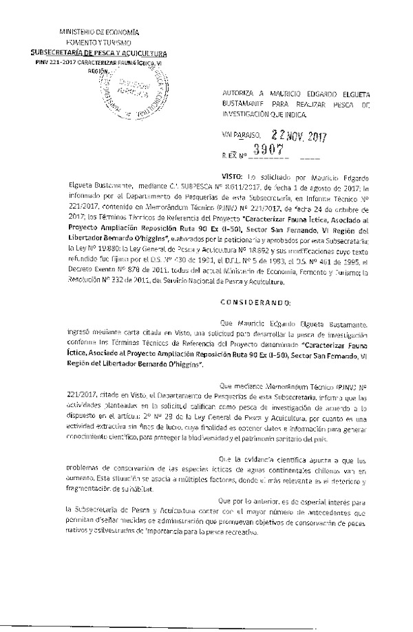 Res. Ex. N° 3907-2017 Caracterización de fauna íctica, VI Región.