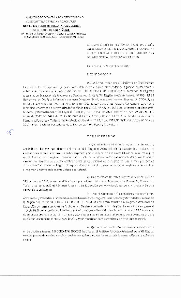 Res. Ex. N° 67-2017 (DZP VIII) Autoriza Cesión Anchoveta y Sardina común, VIII Región.
