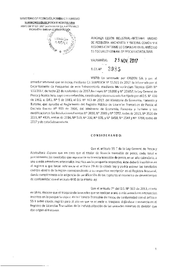 Res. Ex. N° 3985-2017 Autoriza cesión Anchoveta y Sardina común VIII Región.