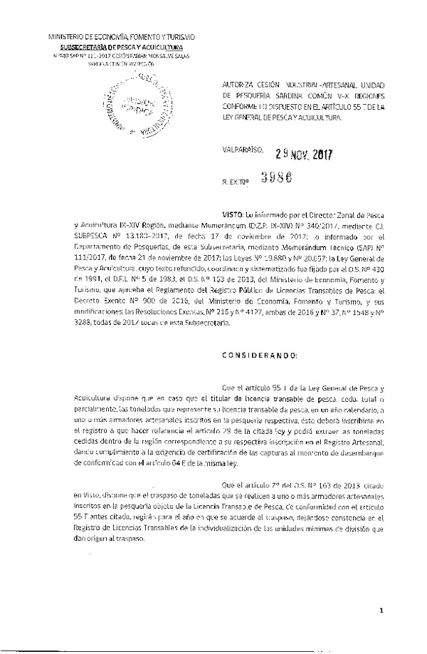 Res. Ex. N° 3986-2017 Autoriza cesión Sardina común XIV Región.
