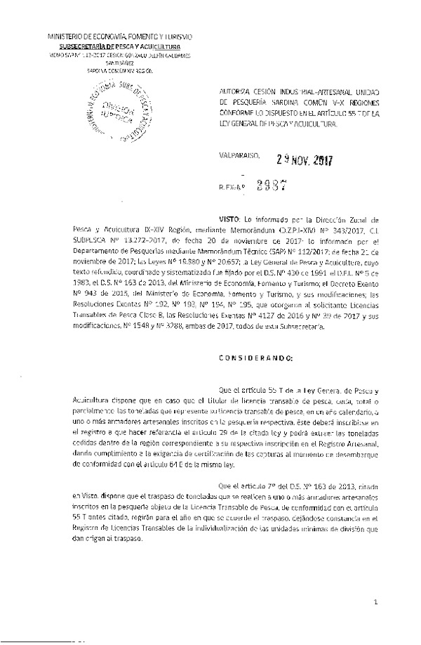 Res. Ex. N° 3987-2017 Autoriza cesión Sardina común XIV Región.