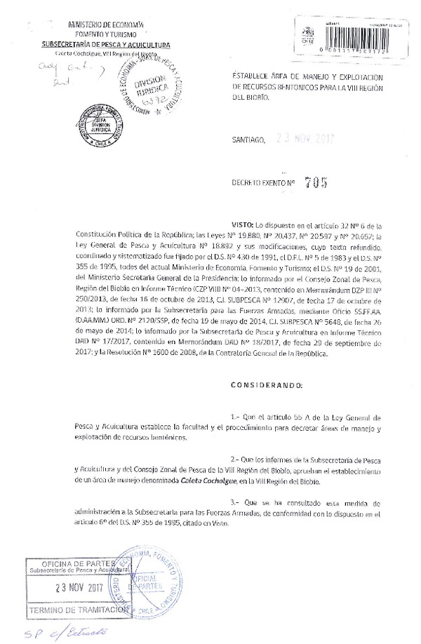 Dec. Ex. N° 705-2017 Establece Área de Manejo Caleta Cocholgue, VIII Región. (Publicado en Página Web 29-11-2017) (F.D.O. 02-12-2017)