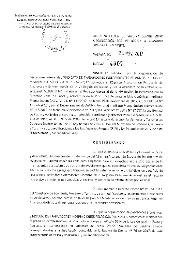 Res. Ex. N° 4007-2017 Autoriza cesión Sardina común VII a XIV Región.