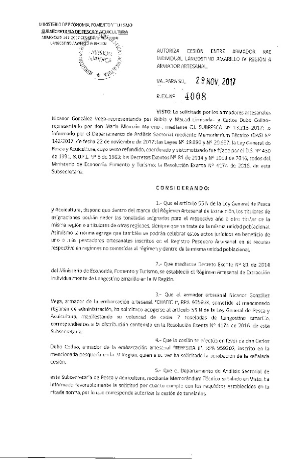 Res. Ex. N° 4008-2017 Autoriza cesión individual Langostino amarillo IV Región.