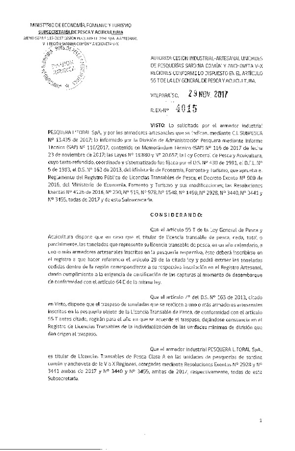 Res. Ex. N° 4015-2017 Autoriza cesión Anchoveta y Sardina común VIII Región.