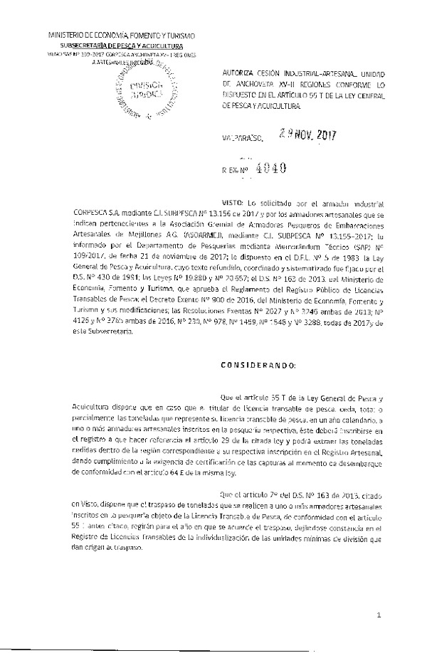 Res. Ex. N° 4040-2017 Autoriza cesión Anchoveta II Región.