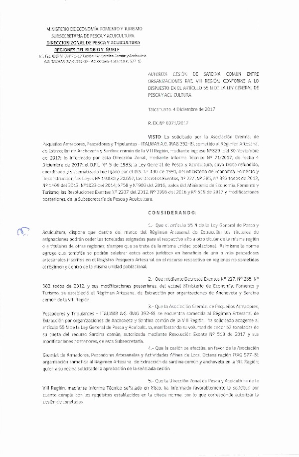 Res. Ex. N° 71-2017 (DZP VIII) Autoriza Cesión Anchoveta y Sardina común, VIII Región.