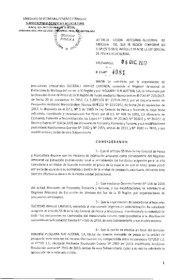 Res. Ex. N° 4081-2017 Cesión Merluza del sur XI Región.
