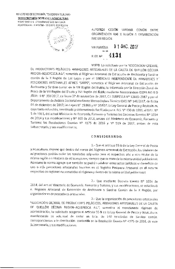Res. Ex. N° 4131-2017 Autoriza cesión Sardina común X a VIII Región.
