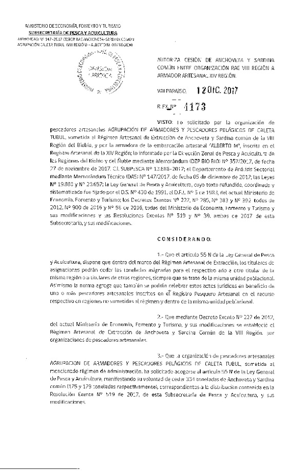 Res. Ex. N° 4173-2017 Autoriza cesión de Anchoveta y sardina común, VIII a XIV Región.