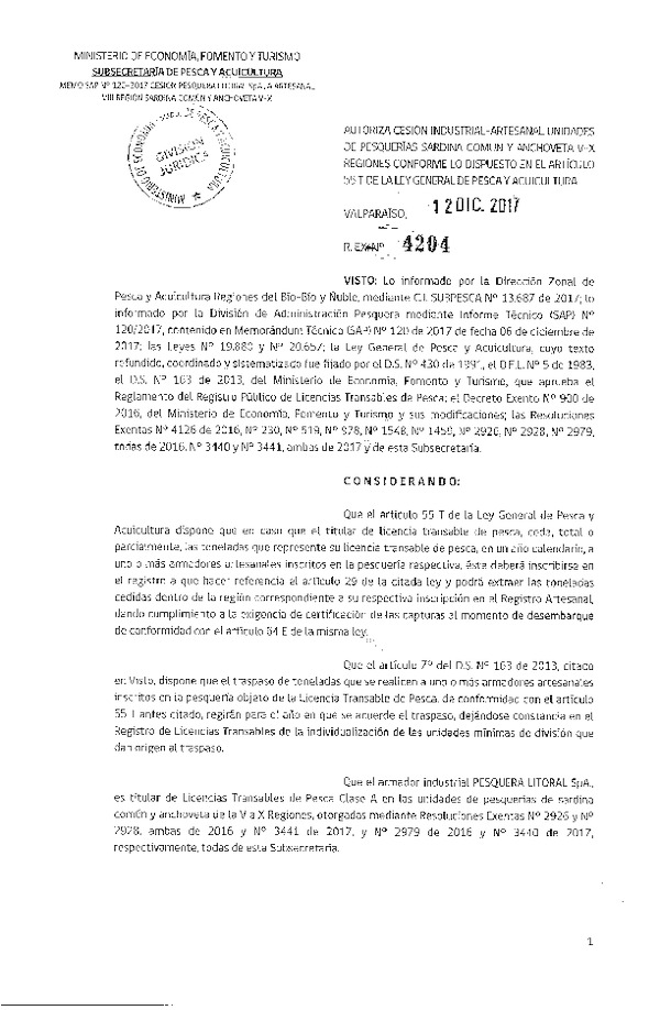 Res. Ex. N° 4204-2017 Autoriza cesión Anchoveta y Sardina común VIII Región.