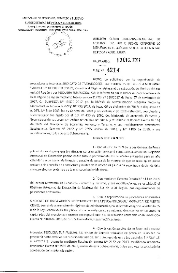 Res. Ex. N° 4214-2017 Cesión Merluza del sur XI Región.