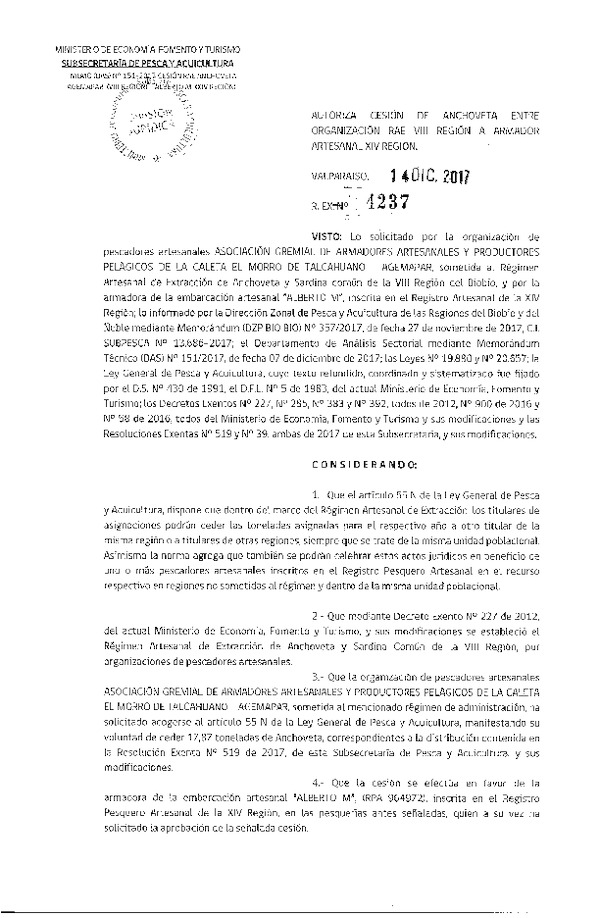 Res. Ex. N° 4237-2017 Autoriza cesión de Anchoveta, VIII a XIV Región.