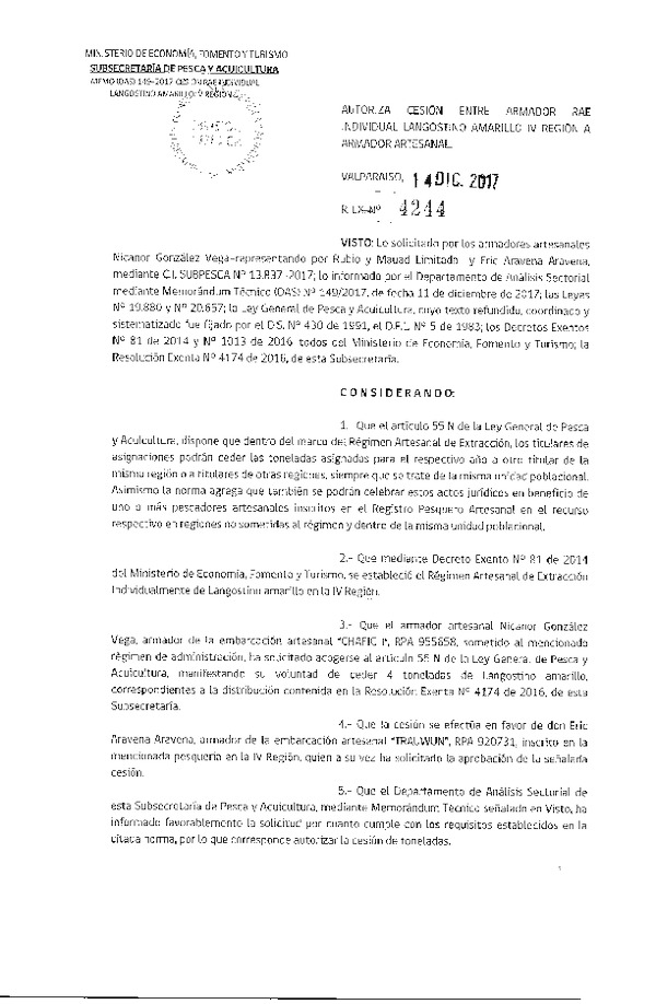 Res. Ex. N° 4244-2017 Autoriza cesión individual Langostino amarillo IV Región.