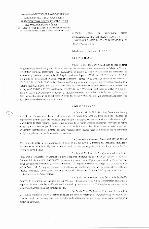 Res. Ex. N° 81-2017 (DZP VIII) Autoriza Cesión Sardina común, VIII Región.