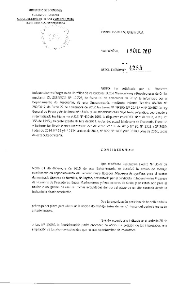 Res. Ex. N° 4285-2017 Prorroga Acción de Manejo.
