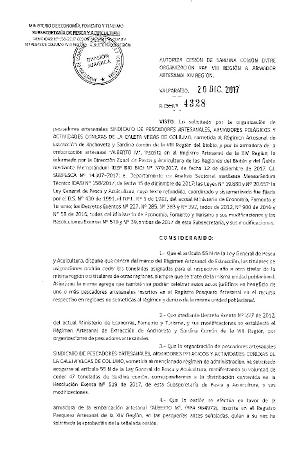 Res. Ex. N° 4328-2017 Autoriza cesión de Sardina común, VIII a XIV Región.