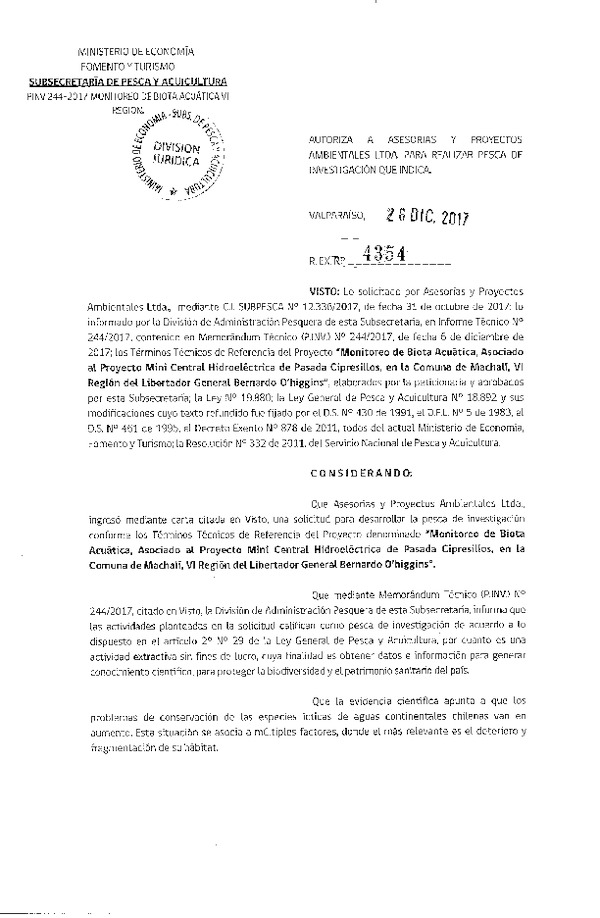 Res. Ex. N° 4354-2017 Monitoreo de biota acuática, VI Región.