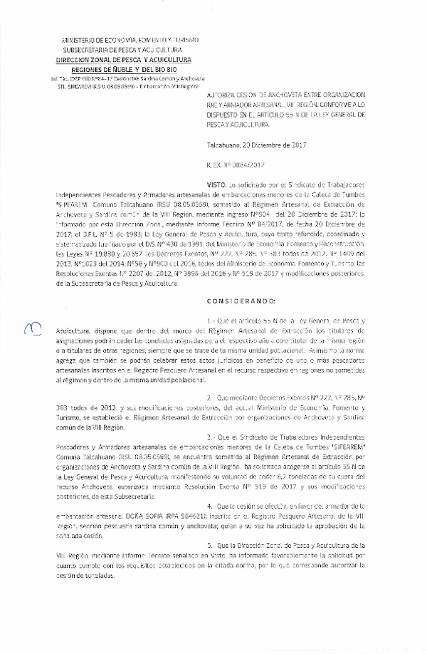 Res. Ex. N° 84-2017 (DZP VIII) Autoriza Cesión Sardina común, VIII Región.