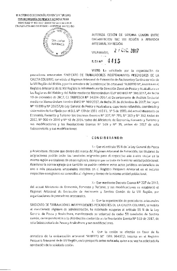 Res. Ex. N° 4415-2017 Autoriza cesión de Sardina común, VIII a XIV Región.