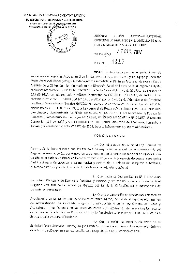 Res. Ex. N° 4417-2017 Autoriza cesión de Merluza del sur, XI Región.