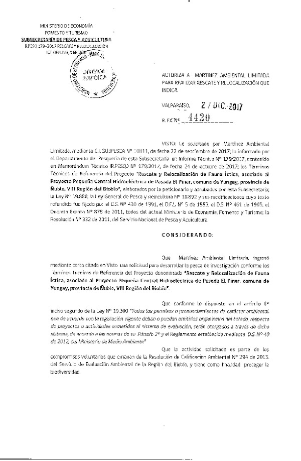 Res. Ex. N° 4420-2017 Rescate y relocalización de fauna íctica, VIII Región.