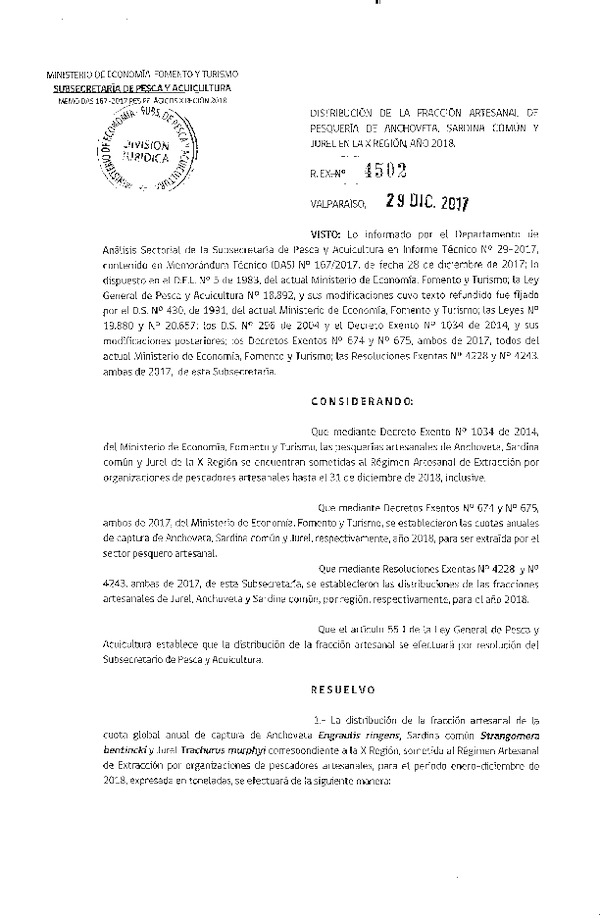 Res. Ex. N° 4502-2017 Distribución de la fracción artesanal anchoveta, sardina común y jurel, X Región, año 2018. (Publicado en Diario Oficial 29-12-2017) (F.D.O 08-01-2018)