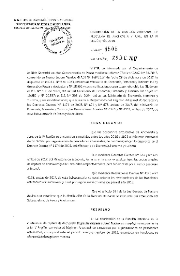 Res. Ex. N° 4505-2017 Distribución de la fracción artesanal anchoveta y jurel, IV Región, año 2018. (Publicado en Diario Oficial 29-12-2017) (F.D.O 08-01-2018)