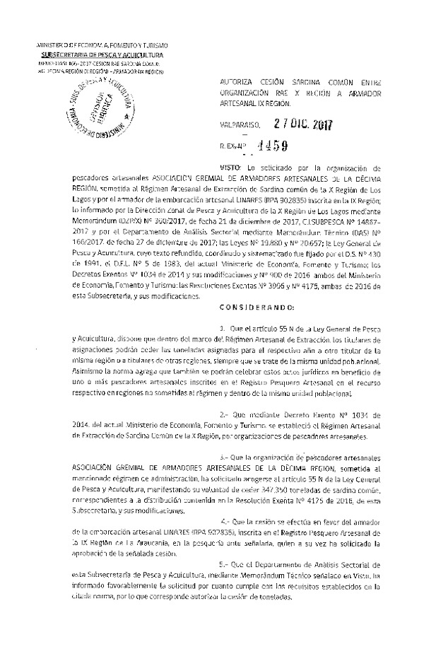 Res. Ex. N° 4459-2017 Autoriza cesión de Sardina común, X a IX Región.
