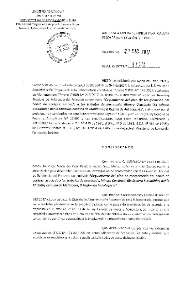 Res. Ex. N° 4472-2017 Seguimiento del plan de recuperación del banco de cholgas, II Región.