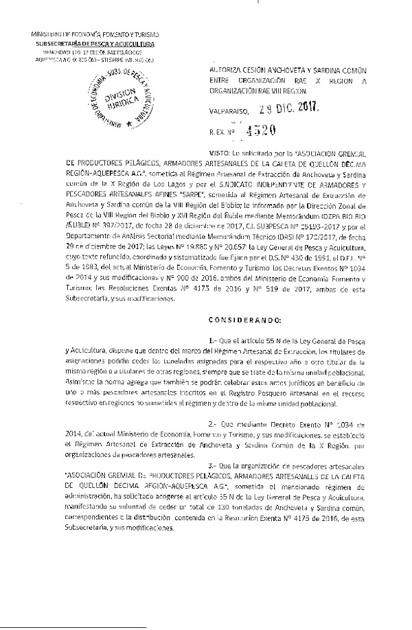 Res. Ex. N° 4520-2017 Autoriza cesión de Anchoveta y Sardina común, X a VIII Región.