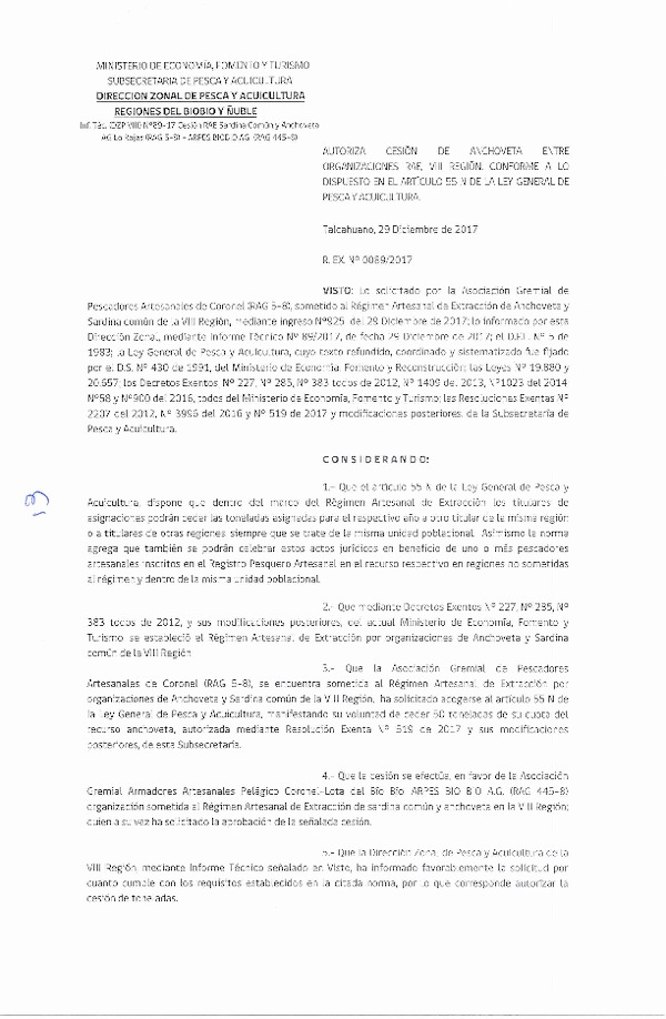 Res. Ex. N° 89-2017 (DZP VIII) Autoriza Cesión Sardina común, VIII Región.