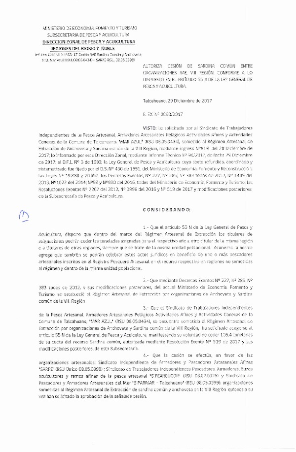Res. Ex. N° 90-2017 (DZP VIII) Autoriza Cesión Sardina común, VIII Región.