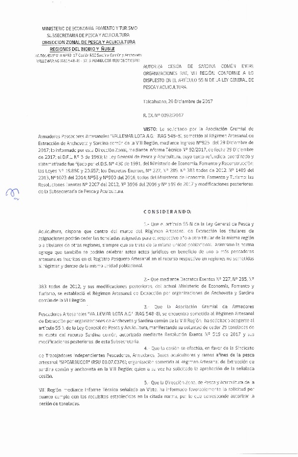 Res. Ex. N° 92-2017 (DZP VIII) Autoriza Cesión Sardina común, VIII Región.