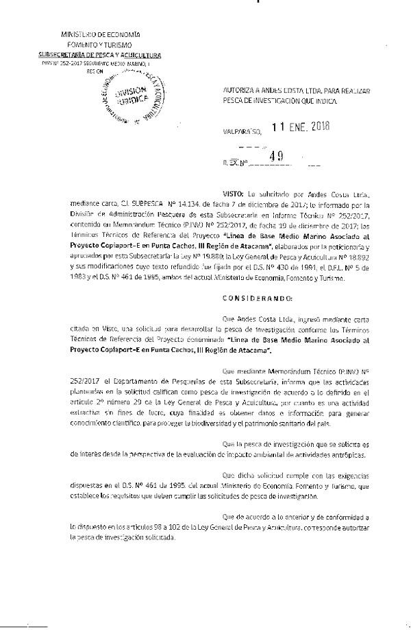 Res. Ex. N° 49-2018 Línea de base medio marino, III Región.