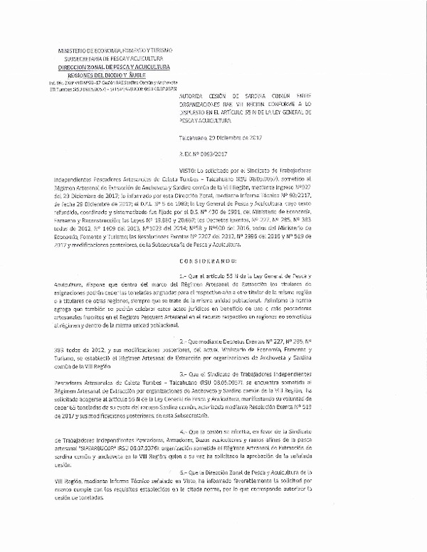 Res. Ex. N° 93-2017 (DZP VIII) Autoriza Cesión Sardina común, VIII Región.