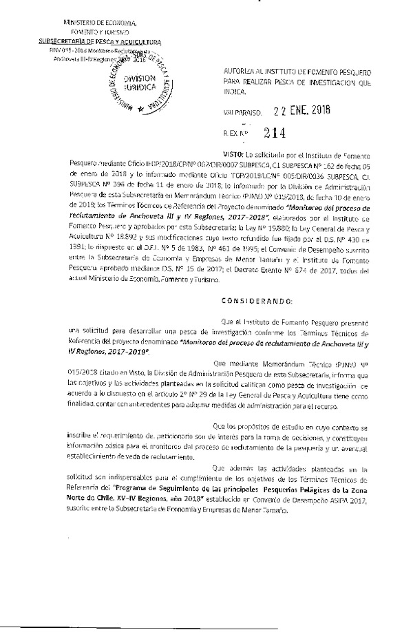 Res. Ex. N° 214-2018 Monitoreo del proceso de reclutamiento de anchoveta III-IV Regiones 2017-2018.