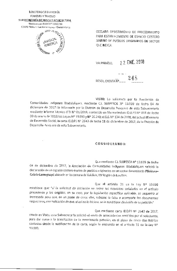 Res. Ex. N° 248-2018 Declara desistimiento de procedimiento para establecimiento ECMPO.