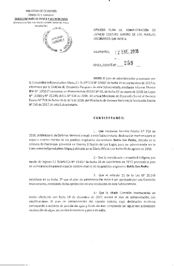 Res. Ex. N° 259-2018 Aprueba plan de administración de ECMPO, Bahía San Pedro, X Región.