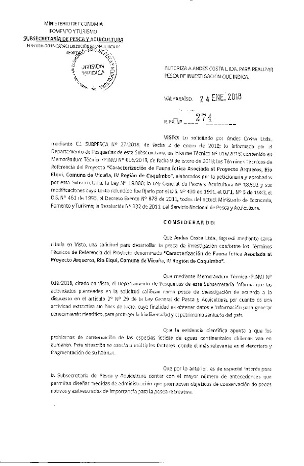 Res. Ex. N° 274-2018 Caracterización de fauna íctica, IV Región.