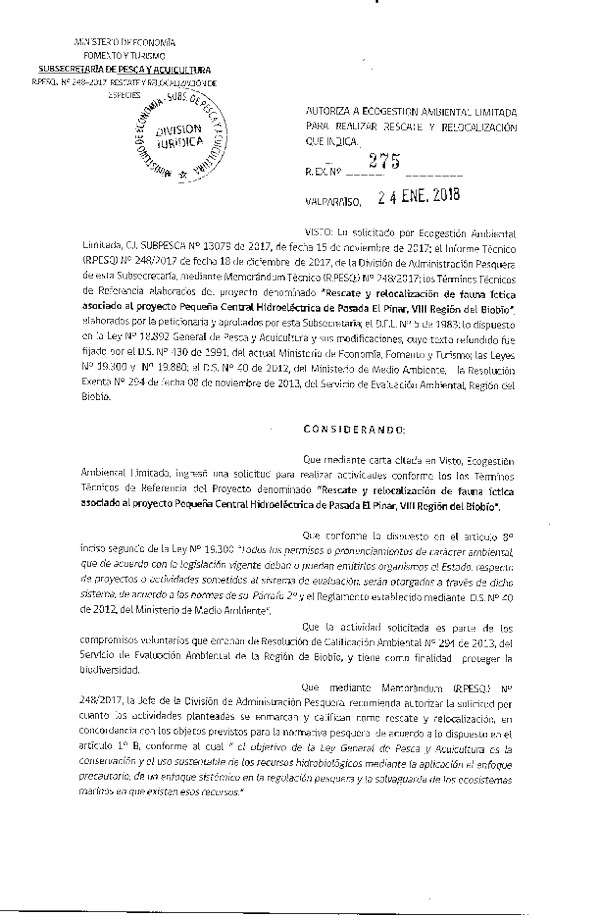 Res. Ex. N° 275-2018 Rescate y relocalización fauna íctica, VIII Región.
