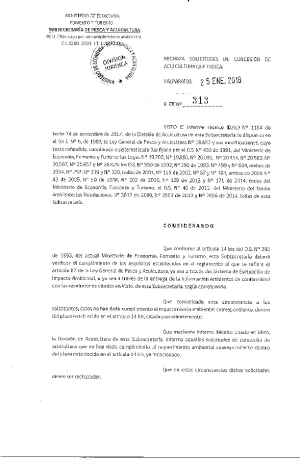 Res. Ex. N° 313-2018 Rechaza solicitudes de concesión de acuicultura que indica.
