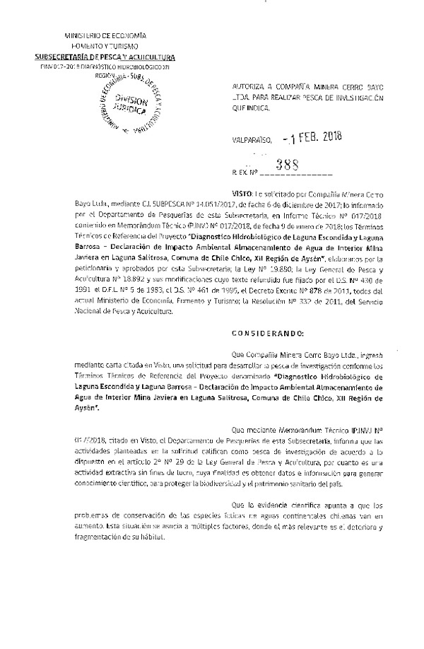 Res. Ex. N° 388-2018 Diagnostico hidrobiológico, XII Región.