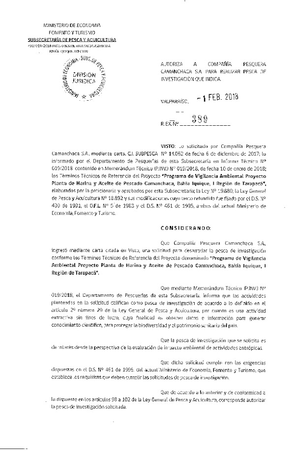 Res. Ex. N° 389-2018 Programa de vigilancia ambiental, I Región.