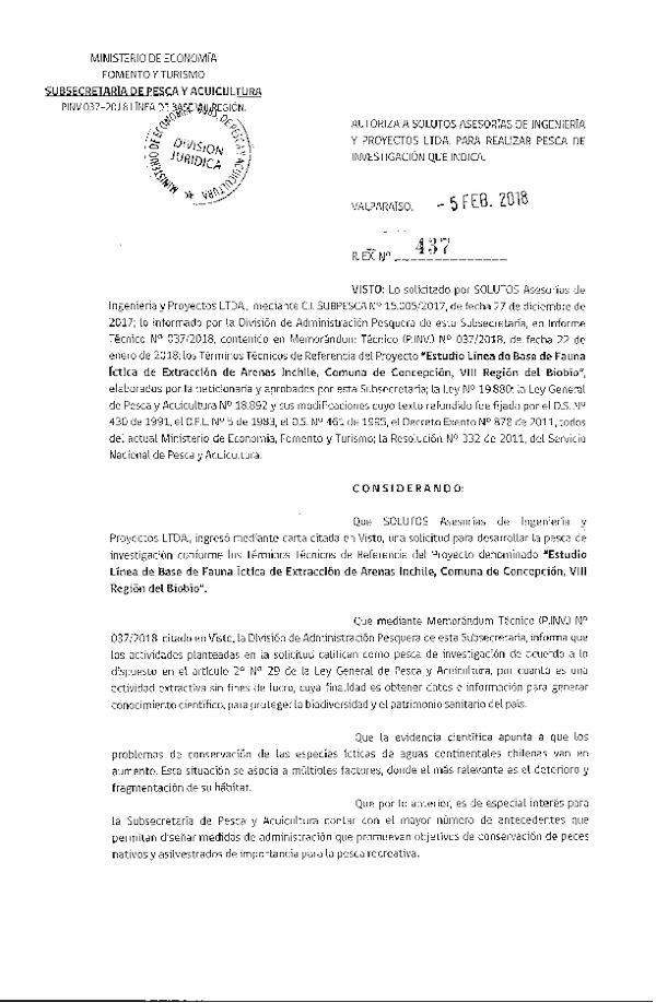 Res. Ex. N° 437-2018 Estudio línea de base fauna íctica, VIII Región.